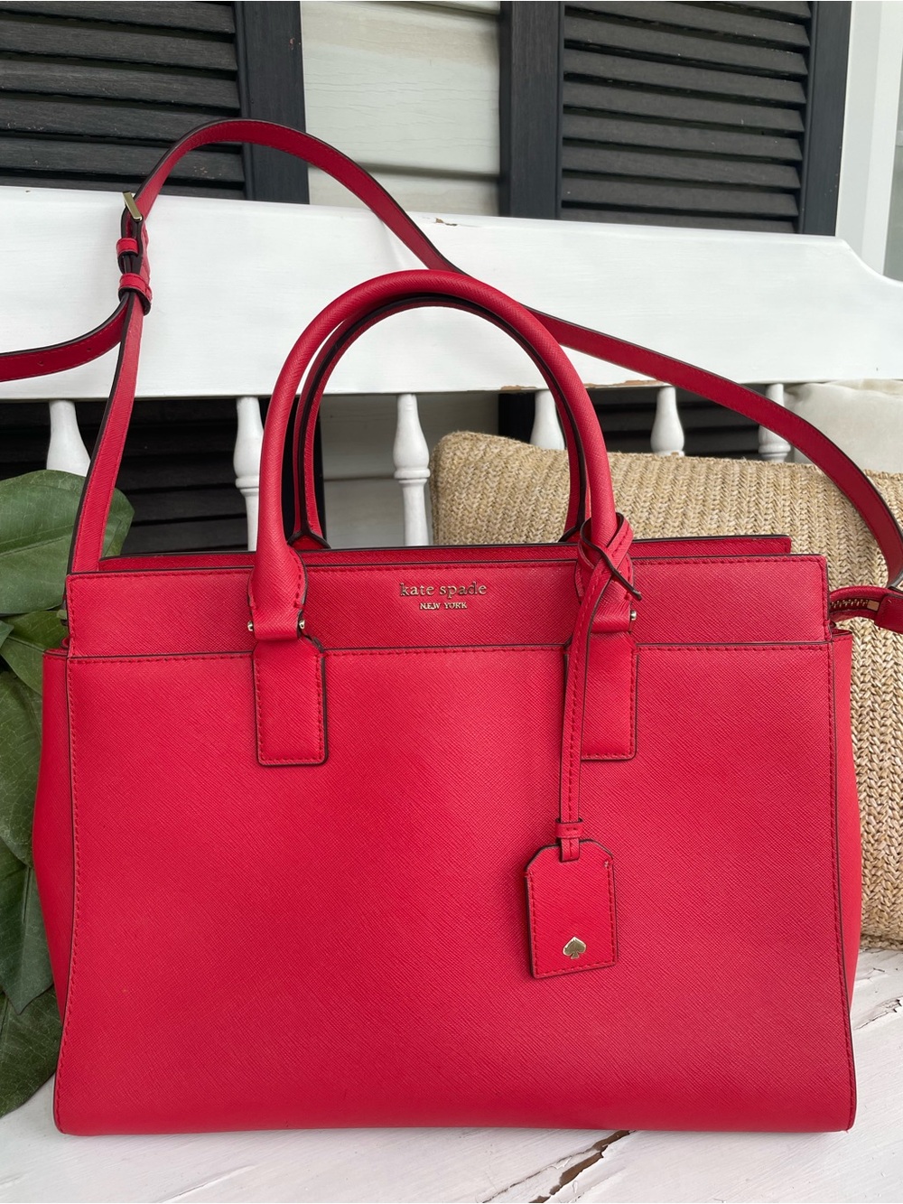 kate spade New York Red Saffiano Leather Satchel Tote with Crossbody Strap